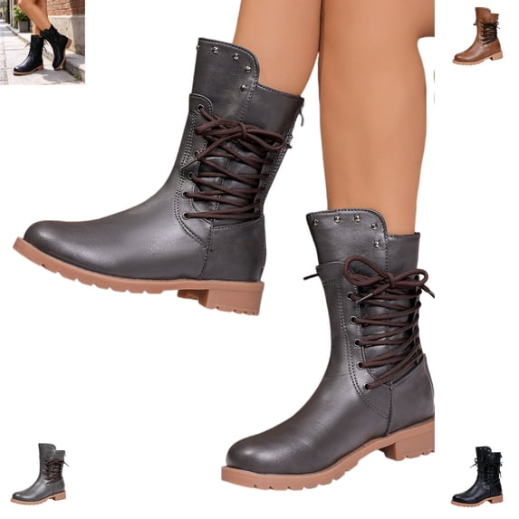 YOUYEDIAN Boots for Women Side Lace-up Versatile Ankle Mid Top Booties Block Low Heel Comfy Casual Outdoor Shoes