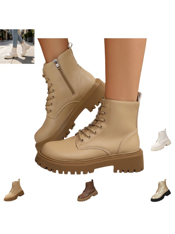 Boots for Women Versatile Block Heel Round Toe Fashion British Side Zipper Ankle Booties Casual Platform Lace-up Outdoor Walking Shoes