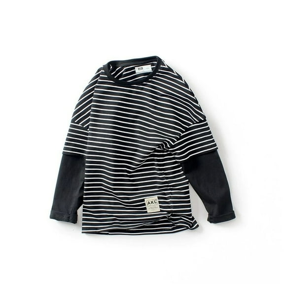 YOUYEDIAN Boy's Long Sleeve T-Shirts Striped, Cotton Blend Crewneck Tee Kids Stripes Shirt Black 12-13 Years
