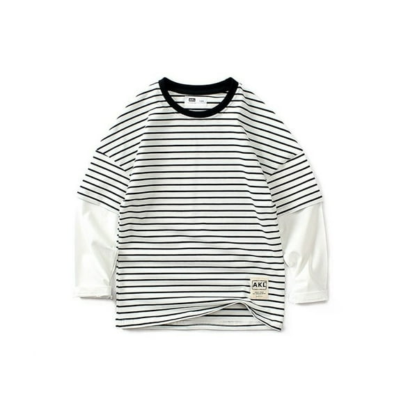 YOUYEDIAN Boy's Long Sleeve T-Shirts Striped, Cotton Blend Crewneck Tee Kids Stripes Shirt White 8-9 Years