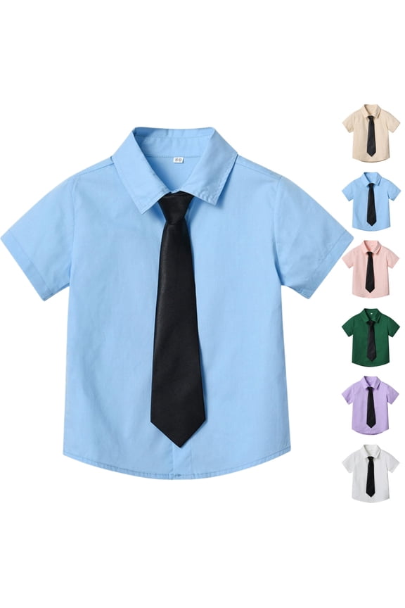 Boys Button Down Oxford Shirt Short Sleeve Formal Uniform Dress Shirts Standard Fit Summer Kids Clothing (Blue, 8-9 Years)