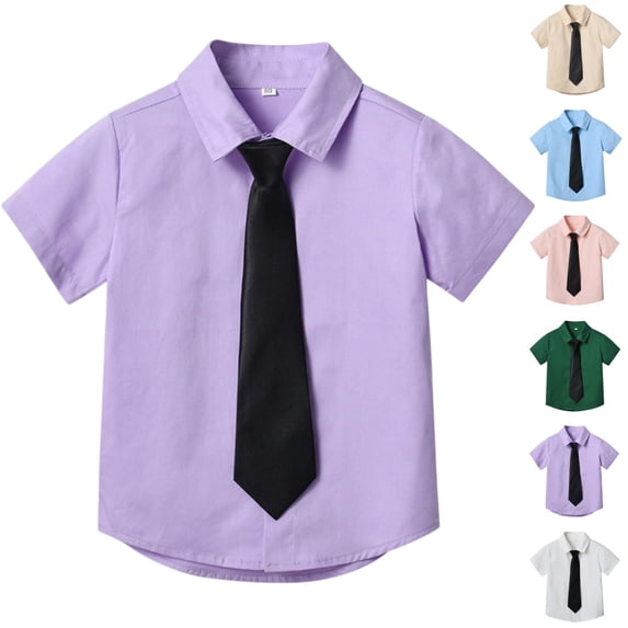 YOUYEDIAN Boys Button Down Oxford Shirt Short Sleeve Formal Uniform Dress Shirts Standard Fit Summer Kids Clothing (Purple, 11-12 Years)