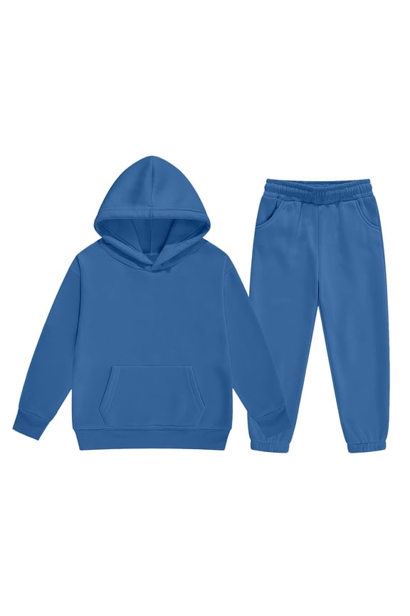 Boys Girls Sweatsuit 2 Piece Tracksuits Solid Color Kids Sweat Suits Long Sleeve Hooded Sweatshirt and Jogging Pant Plain Kids Sweat Set Blue 6-7 Years