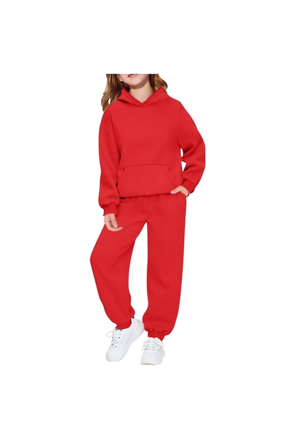 Boys Girls Sweatsuit Child Toddler Boys Girls Long Sleeve Solid Warm Hoodie Pullover Tops Pants Kids Outfits Sweat Suit Hoodies Red 8-9 Years
