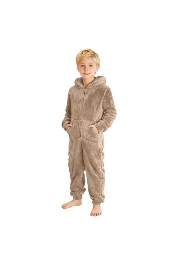 Boys Sherpa Lined Jumpsuit, Fleece Zip Up Hooded Onesie Pajamas, Warm Winter One-Piece Sleepwear Khaki 8-9 Years