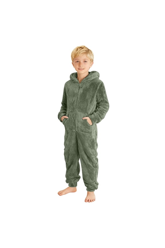 Boys Zip Up Jumpsuit Pajamas, Fleece Hooded Onesie, Warm Sherpa Lined Winter Sleepwear Mint Green 4-5 Years