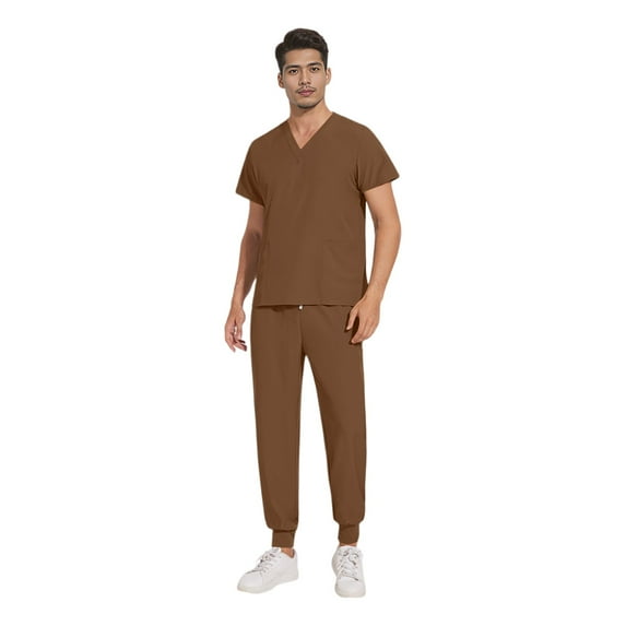 YOUYEDIAN Brown Scrubs Set for Men Stretch Nurse Uniform Vneck Short Sleeve Scrub Top & Jogger Pant with Pocket Athletic Hosptial Workwear Brown L