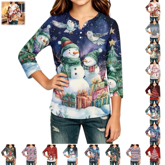 YOUYEDIAN Christmas 3/4 Sleeve Shirts for Girls Christmas Graphic Henley Tops