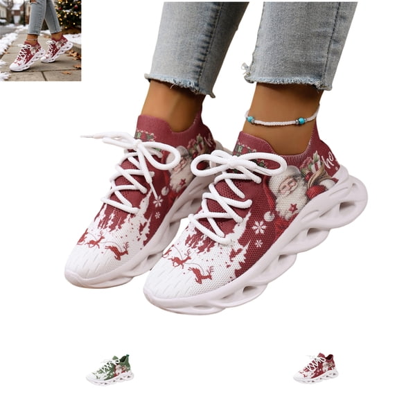 YOUYEDIAN Christmas Sneakers for Women Fashion Soft Platform Versatile Lace-up Breathable Sneakers Casual Outdoor Stretch Knit Mesh Comfortable Non Slip Sport Shoes