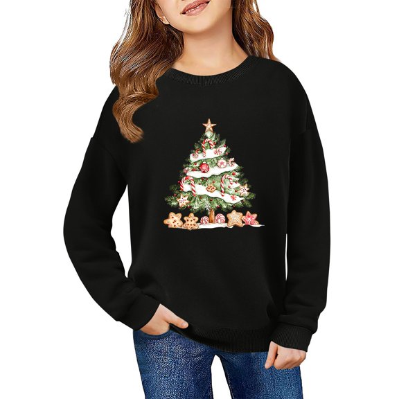 YOUYEDIAN Christmas Sweatshirt for Girls Long Sleeve Sweaters Funny Shirts Glitter Christmas Tree Print Round Neck Tunic Black 3-4 Years