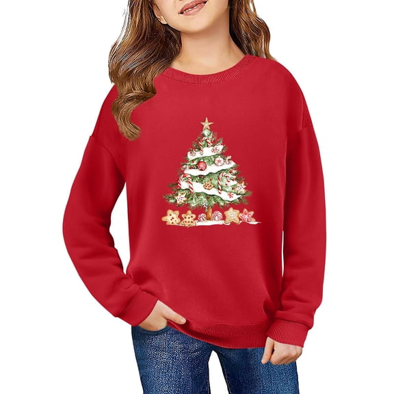 YOUYEDIAN Christmas Sweatshirt for Girls Long Sleeve Sweaters Holiday Shirt Christmas Tree Graphics Crew Neck Tunic Tops Red 4-5 Years