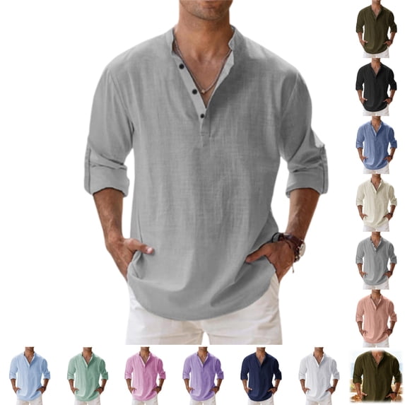 YOUYEDIAN Cotton Linen Henley Shirts for Men Casual Long Sleeve Mock Neck Shirts Fashion Button Down Tops
