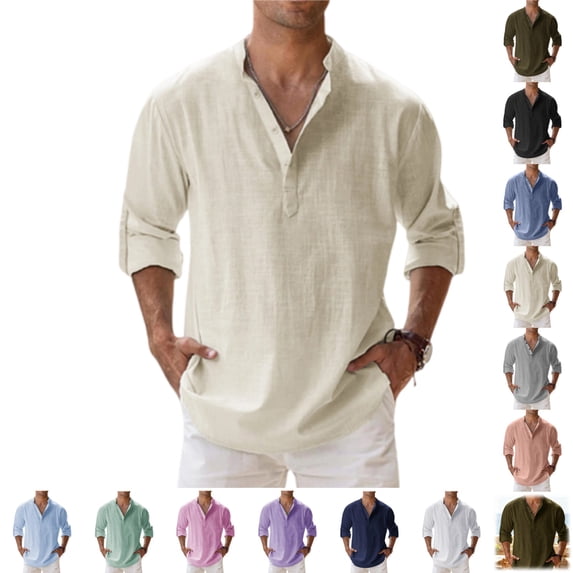 YOUYEDIAN Cotton Linen Henley Shirts for Men Casual Long Sleeve Mock Neck Shirts Fashion Button Down Tops