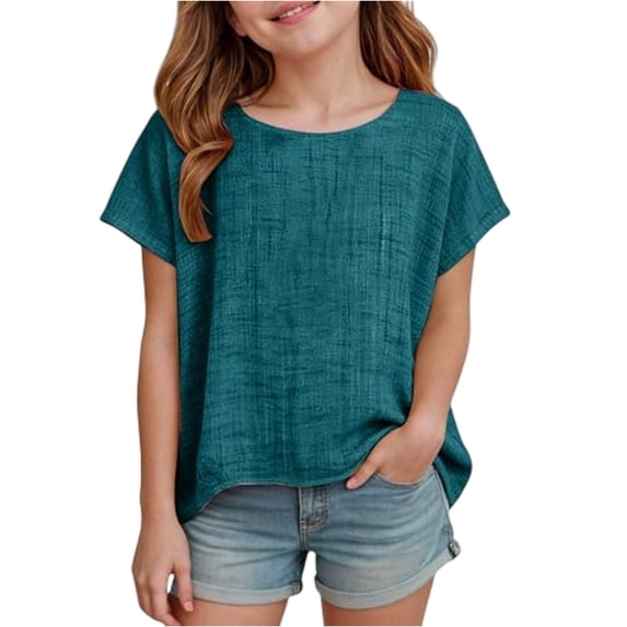 YOUYEDIAN Cotton Linen Tops for Girls Oversized Summer Boho Short Sleeve T Shirts Teen Kids Plain Loose Lightweight Beach Blouse (Dark Green, 8-9 Years)