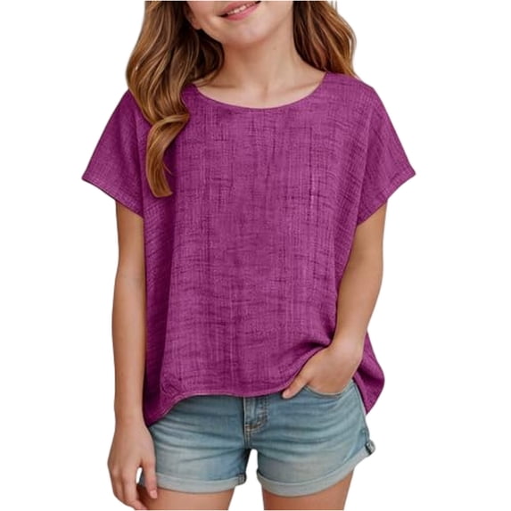 YOUYEDIAN Cotton Linen Tops for Girls Oversized Summer Boho Short Sleeve T Shirts Teen Kids Plain Loose Lightweight Beach Blouse (Purple, 8-9 Years)