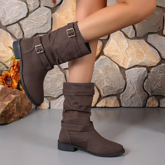 YOUYEDIAN Denim Booties for Women Denim Round Toe Boots for Women with Buckle Casual Short Boot Pull On Low Heel Boots Coffee