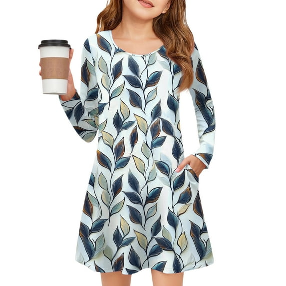 YOUYEDIAN Dresses for Girls Long Sleeve Fall Dress Cute Crew Neck Cocktail Dresses With Pockets Light Blue 4-5 Years