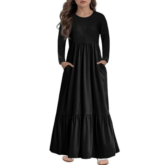 YOUYEDIAN Dresses for Kids Girls Petite Long Sleeve Long Dress Fall Flowy Tutu Dresses Casual Cotton Dresses Black 10-11 Years