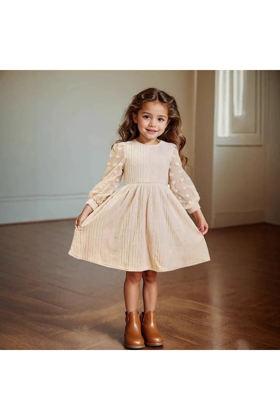 Dresses for Teen Girls Kids Fancy Long Sleeve Midi Dresses Fall Elegant Tutu Dresses Soft a Line Dresses Beige 7-8 Years