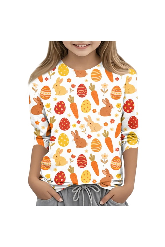 Easter 3/4 Sleeve Shirt Girls Casual Cute Bunny Eggs Print Top Funny Crew Neck Shirt (Saffron, 6-7 Years)
