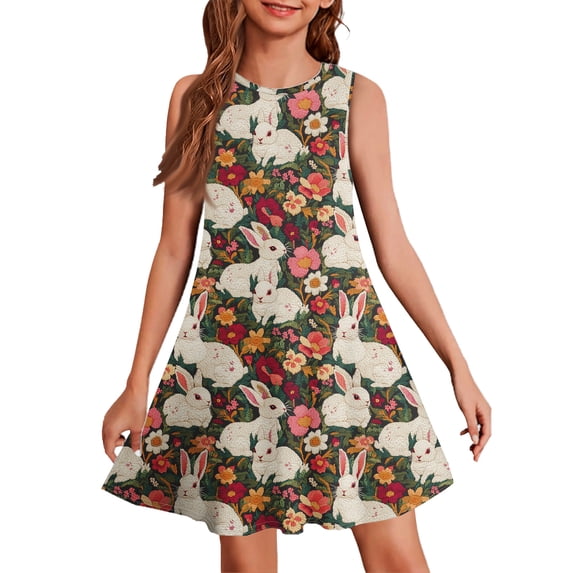 YOUYEDIAN Easter Girls Sleeveless Dress Casual Cute Elegant Bunny Print Crew Neck A-Line Dresses Summer Flowy Sundresses (Red, 8-9 Years)