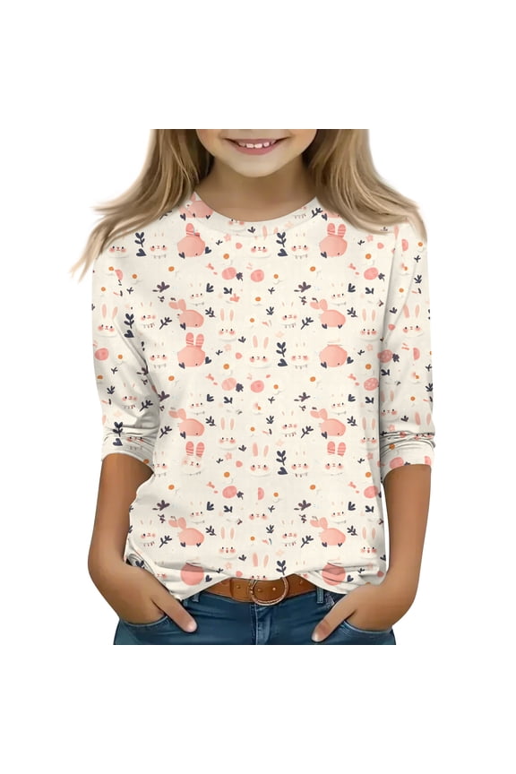 Easter Kids 3/4 Length Sleeve Shirts Girls 2026 Festival Cute Funny Bunny Print Tunic Crew Neck Tees Tops Holiday Casual Cotton Clothes (Beige, 11-12 Years)