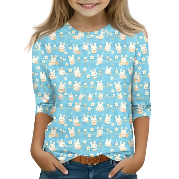 YOUYEDIAN Easter Kids 3/4 Length Sleeve Shirts Girls Festival Cute Bunny Print Crew Neck Tunic Tees Tops 2026 Holiday Casual Funny Clothes (Light Blue, 4-5 Years)