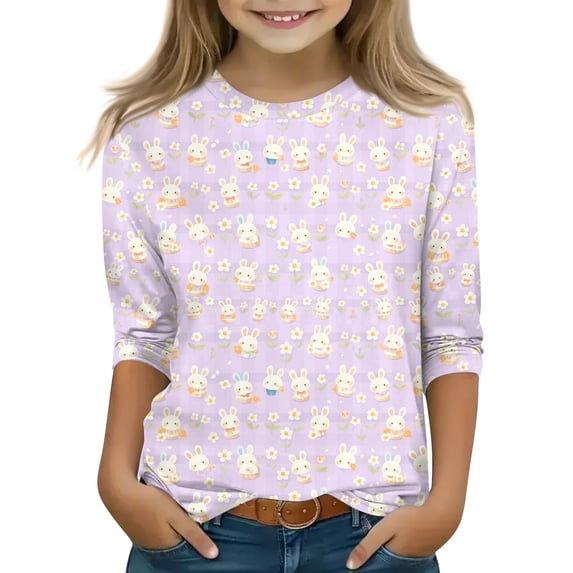 YOUYEDIAN Easter Kids 3/4 Length Sleeve Shirts Girls Festival Cute Bunny Print Crew Neck Tunic Tees Tops 2026 Holiday Casual Funny Clothes (Light Purple, 6-7 Years)