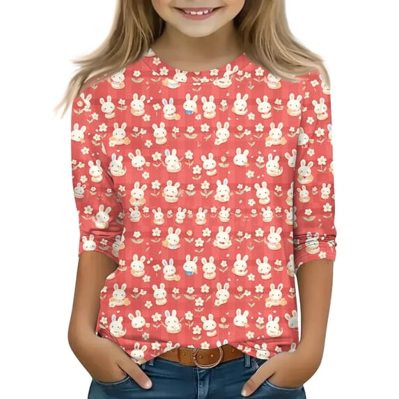 YOUYEDIAN Easter Kids 3/4 Length Sleeve Shirts Girls Festival Cute Bunny Print Crew Neck Tunic Tees Tops 2026 Holiday Casual Funny Clothes (Red, 8-9 Years)