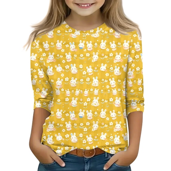 YOUYEDIAN Easter Kids 3/4 Length Sleeve Shirts Girls Festival Cute Bunny Print Crew Neck Tunic Tees Tops 2026 Holiday Casual Funny Clothes (Yellow, 8-9 Years)