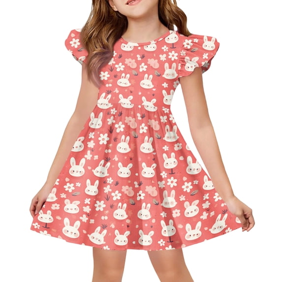 YOUYEDIAN Easter Midi Dress for Girls Toddler Summer Flutter Sleeve Dresses Casual Buuny Rabbit Print Crew Neck Princess Dress (Red, 4-5 Years)