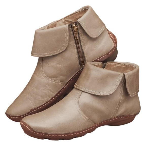 YOUYEDIAN Flat Ankle Boots for Women Fahion Casual Solid Color Round Toe Quilted Zipper Non-Slip Leather Short Booties Comfy Lightweight Modern Boots Shoes