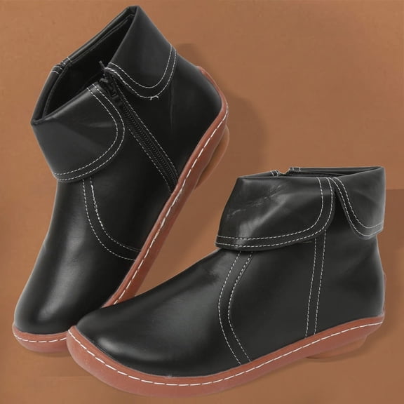 YOUYEDIAN Flat Ankle Boots for Women Fahion Casual Solid Color Round Toe Quilted Zipper Non-Slip Leather Short Booties Comfy Lightweight Modern Boots Shoes