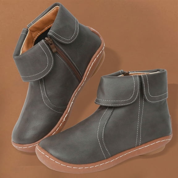 YOUYEDIAN Flat Ankle Boots for Women Fahion Casual Solid Color Round Toe Quilted Zipper Non-Slip Leather Short Booties Comfy Lightweight Modern Boots Shoes