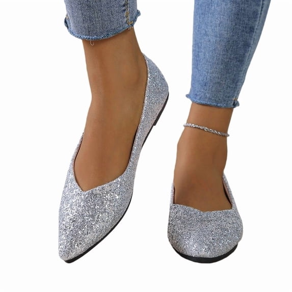 YOUYEDIAN Flat Shoes for Women Spring Fall Dressy Loafers Slip on Non Slip Comfortable Walking Shoes Office Closed Toe Orthopedic Shoes (Silver)