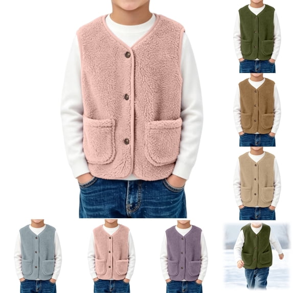 YOUYEDIAN Fleece Vest Jacket for Boys Kids Fall Winter Warm Plush Fuzzy Button Down Sleeveless Coat with Pockets