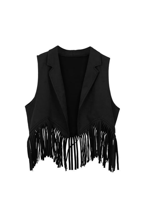 Girl's Faux Suede Tassel Vest 70s Hippie Cardigan Cowgirl Fringe Jacket (Black, 6-7 Years)