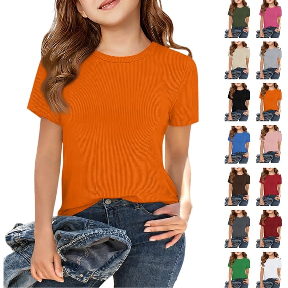 YOUYEDIAN Girl's Ribbed T-Shirts, Cotton Short Sleeve Basic Tees Crewneck Fitted Tops Casual Shirts 2026 Summer Trendy (Orange, 9-10 Years)