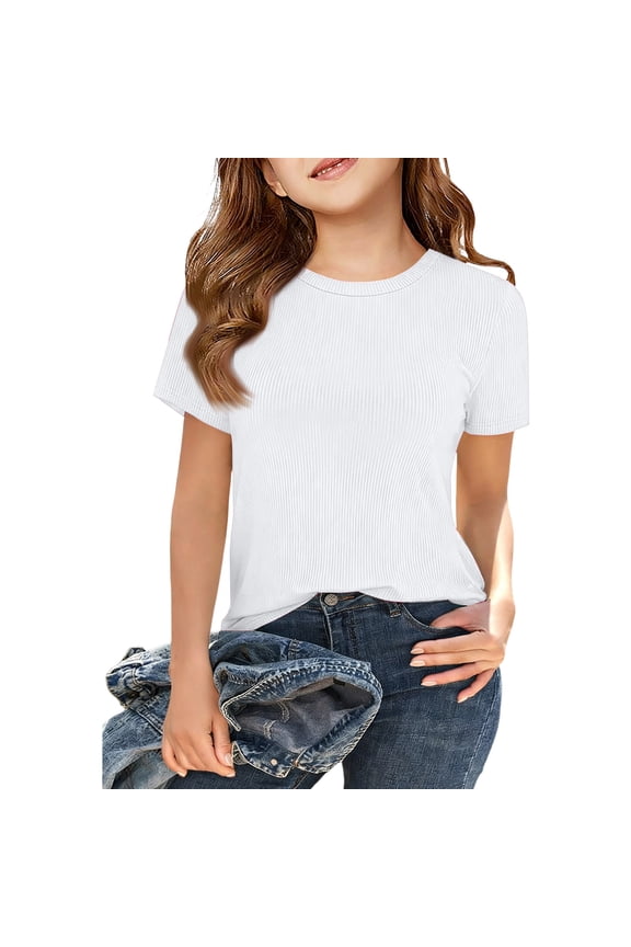 Girl's Ribbed T-Shirts, Cotton Short Sleeve Basic Tees Crewneck Fitted Tops Casual Shirts 2026 Summer Trendy (White, 8-9 Years)