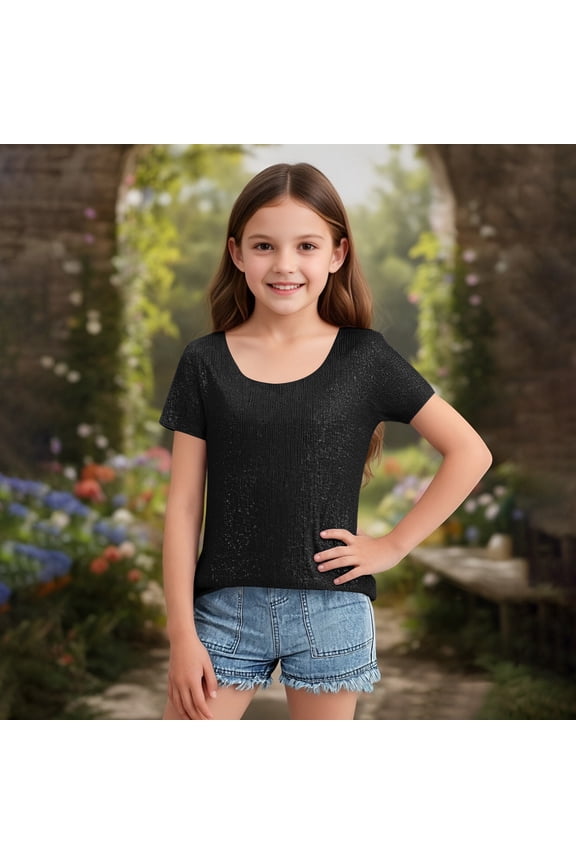 Girl's Round Neck Glitter Sequins Shirts Top Sparkle Shimmer Concert Party Tee Black