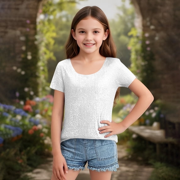 YOUYEDIAN Girl's Round Neck Glitter Sequins Shirts Top Sparkle Shimmer Concert Party Tee White
