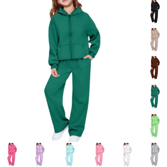 YOUYEDIAN Girls 2 Piece Sweatsuit Casual Athletic Hooded Zipper Jackets Elastic Waist Wide Leg Sweatpants
