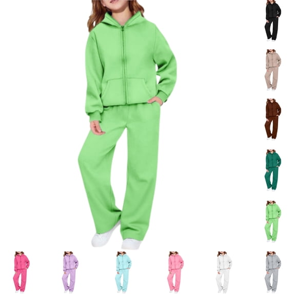 YOUYEDIAN Girls 2 Piece Sweatsuit Casual Athletic Hooded Zipper Jackets Elastic Waist Wide Leg Sweatpants