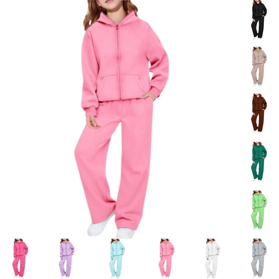 YOUYEDIAN Girls 2 Piece Sweatsuit Casual Athletic Hooded Zipper Jackets Elastic Waist Wide Leg Sweatpants