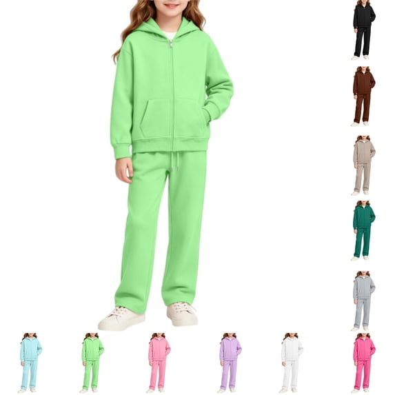 YOUYEDIAN Girls 2 Piece Sweatsuit Casual Hooded Zipper Fleece Jackets Athletic Soft Elastic Waist Sweatpants