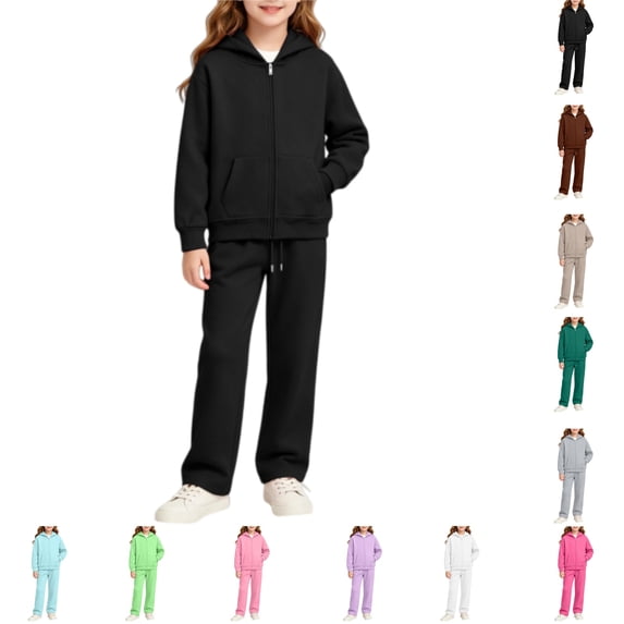 YOUYEDIAN Girls 2 Piece Sweatsuit Casual Hooded Zipper Fleece Jackets Athletic Soft Elastic Waist Sweatpants