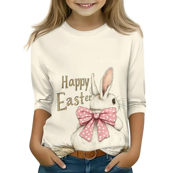 YOUYEDIAN Girls 3/4 Sleeve Easter Tops Kids 2026 Festival Cute Bunny Graphic Shirts Holiday Casual Funny Cotton Outfits (Beige, 8-9 Years)