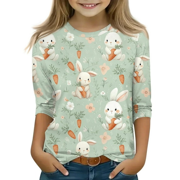 YOUYEDIAN Girls 3/4 Sleeve Easter Tops Kids 2026 Festival Cute Bunny Graphic Shirts Holiday Casual Funny Cotton Outfits (Mint Green, 4-5 Years)