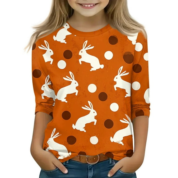 YOUYEDIAN Girls 3/4 Sleeve Easter Tops Kids 2026 Festival Cute Bunny Graphic Shirts Holiday Casual Funny Cotton Outfits (Orange, 9-10 Years)