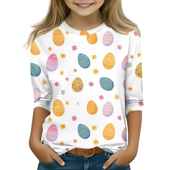 YOUYEDIAN Girls 3/4 Sleeve Easter Tops Kids 2026 Festival Cute Bunny Graphic Shirts Holiday Casual Funny Cotton Outfits (White, 13-14 Years)
